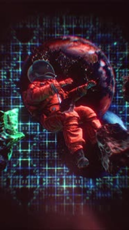 Astronaut Floating in Space with Futuristic Glitch Effect