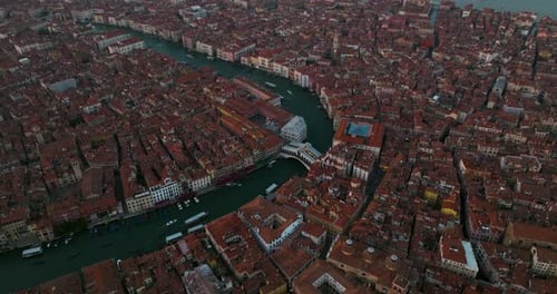 Panoramic Aerial View Of Venice Old Town With Rialto Bridge Over Grand Canal In Italy.
