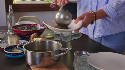 Preparing and Serving Vegetable Soup at Home