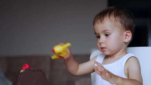 Das
schöne kaukasische Kind konzentriert sich auf sein Spielzeug. Der kleine Junge spielt mit einem Spielzeugvogel. Nahaufnahme.