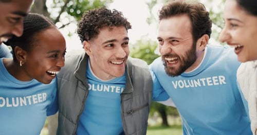 Volunteer, people or huddle in park with smile for eco project, outreach program