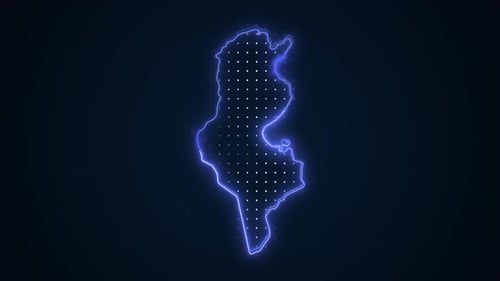 Tunisia Map with Glowing Neon Outline and Digital Dots Reveal