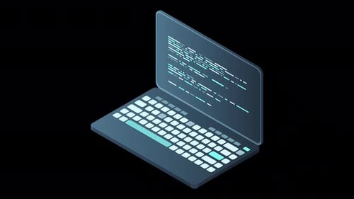 Isometrische Laptop-Animation. Isometrischer 3D-Laptop-Computer. Abstrakte Programmiersprache und Programm