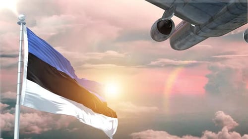 Estonian Flag Waving with Airplane Flying Over Sunny Clouds