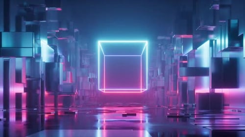 Futuristic neon cube floating in abstract geometric space