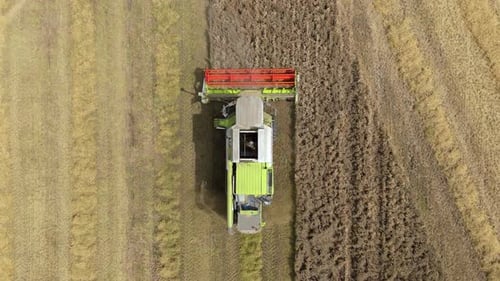 Aerial view of combine harvester, United Kingdom.