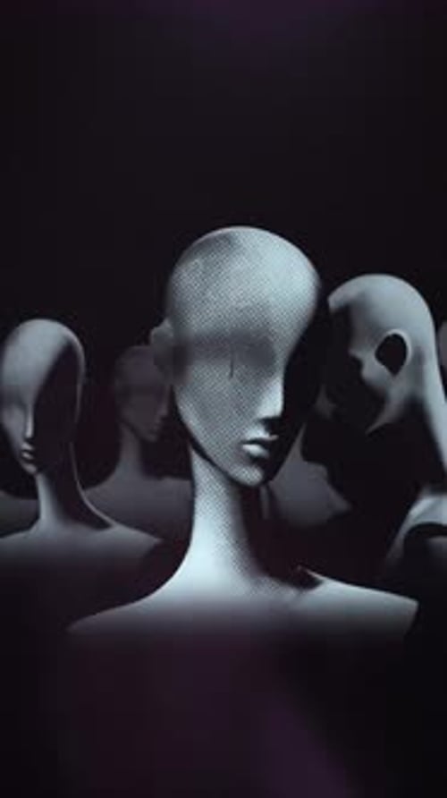 Abstract Modern Mannequin Heads Turning in Dark Space