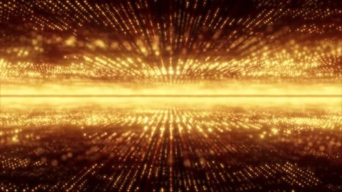 Abstract yellow gold energy hi-tech lines and digital particles fly in a tunnel with bokeh