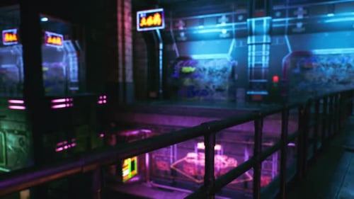 Vibrant Neon Lit Gaming Arcade with Futuristic Design in Urban Environment