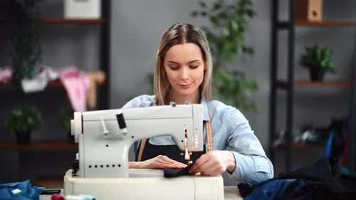 Woman Sewing Fabric with Machine in Workshop