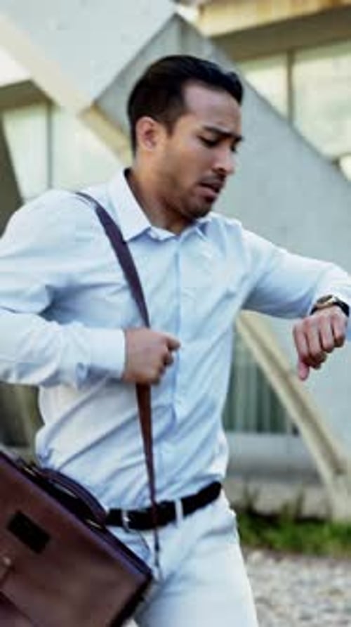 Businessman, watch or running with bag for late schedule, deadline or work crisis in city