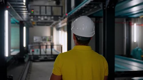 Industrial Engineer in Hard Hat Walking Through Automated Parking Structure