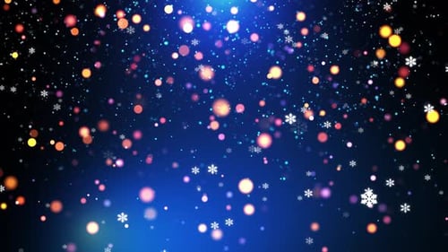 Flying snow on a blue background and beautiful glitter bokeh of particles and dust. 4K motion