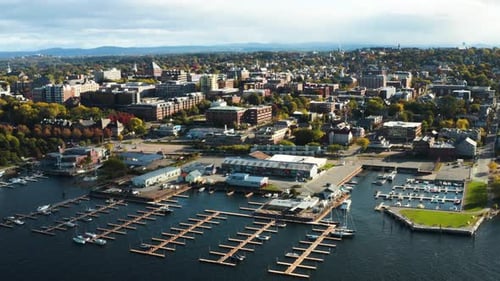 Gorgeous aerial view of Burlington, Vermont's idyllic waterfront
