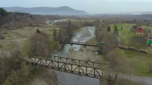 Aerial View of a Freight Train Carrying Lumber