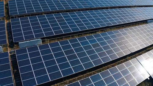 Solar panel cells on energy power farm. Sunlight green electricity production.