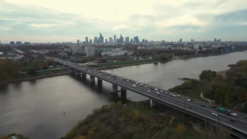Aerial panorama of Warsaw, Poland at sunrise including Swietokrzyski Bridge over the Vistual river a