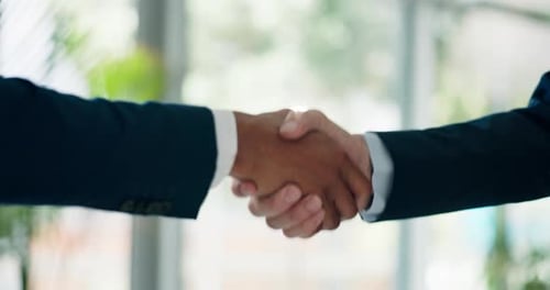 Office, corporate and business men with handshake for meeting, collaboration and welcome