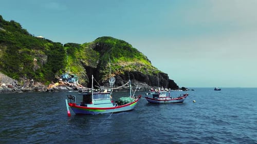 Fishermen Ships in Vietnam at Anchor Preparing in the Fishing a Against the Backdrop of a Beautiful