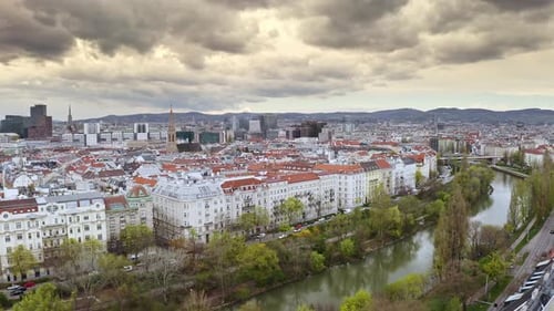 Aerial View of Wien Stephansplatz Complex Drone Shot Danube Water Canal River in Vienna Austria