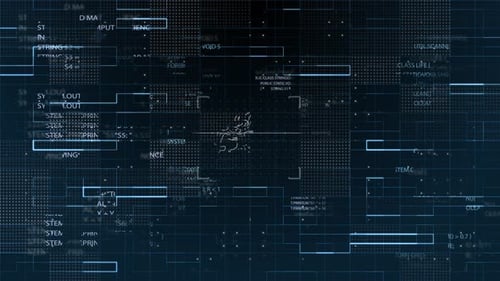 Blue Data Matrix Motion Graphics Simulating Digital Lines and Grid with Futuristic HUD Screen on