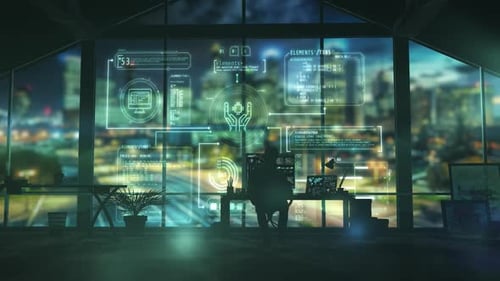 Software Engineer Working with Digital Interface in Modern Office at Night