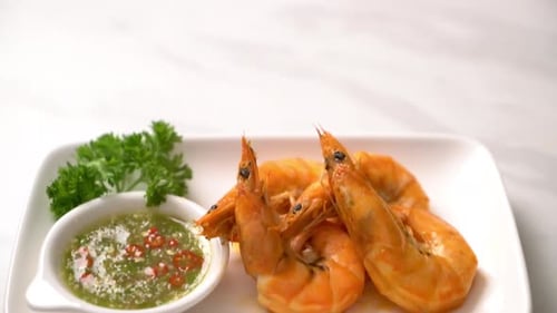 Cooked Shrimp with Dipping Sauce Close Up