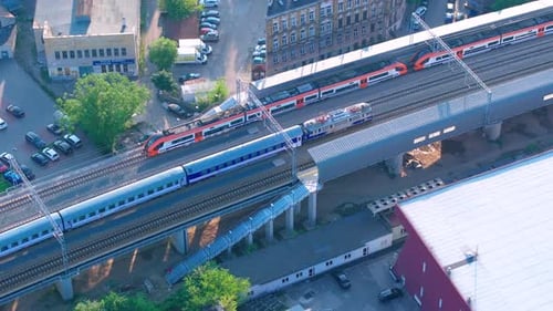 Aerial View of Trains at Urban Railway Station
