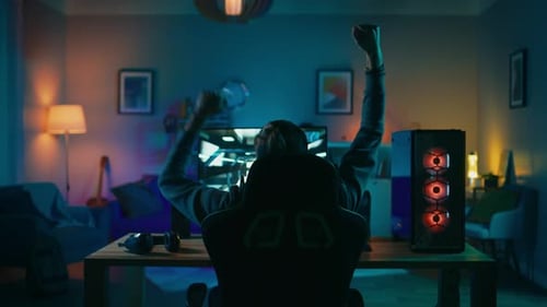 Excited man playing video game at home