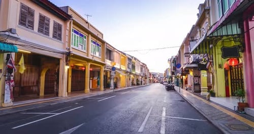 4k timelapse view of thalang rd. in phuket old town in sunset time
