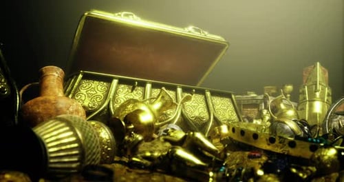 Unveiling Golden Treasure Chest with Ornate Ancient Artifacts
