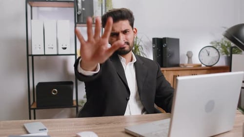 Businessman Working on Laptop Showing Stop Gestuge Danger Rejection Warning Crisis Prohibition