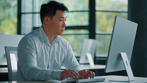 Portrait Concentrated Male Office Worker Webdesigner Asian Middleaged Man Businessman Sit at