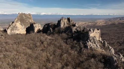 Aerial view of Khornabuji Castle over Alazani valley. ruins of ancient fortress
