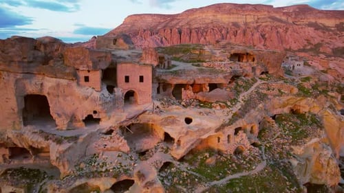 Aerial View of Cappadocia's Ancient Rock Dwellings at Sunrise