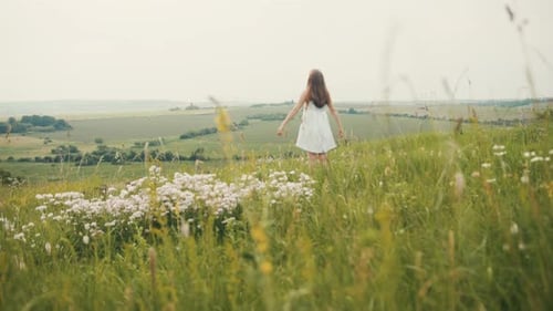 Back Shot of Young Girl in White Sundress Enjoying Beauty of Flowering Field Nature Western Ukraine