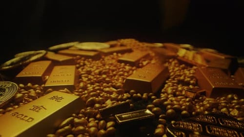 gold ingot falling from sky in to treasure stored in bank safe deposit wealth success financial free