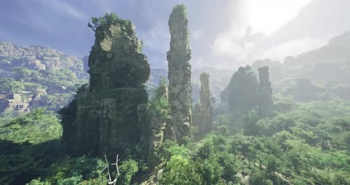 Ancient Rock Formations Tower Over Lush Greenery in Serene Landscape