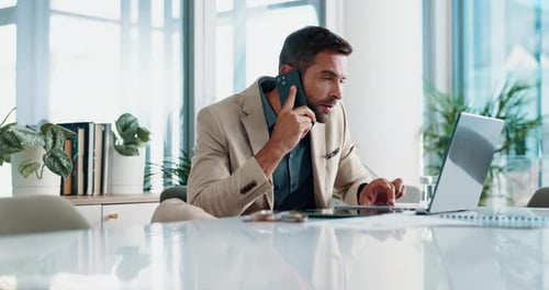 Phone call, talking and man with laptop, business and negotiation with contact in office