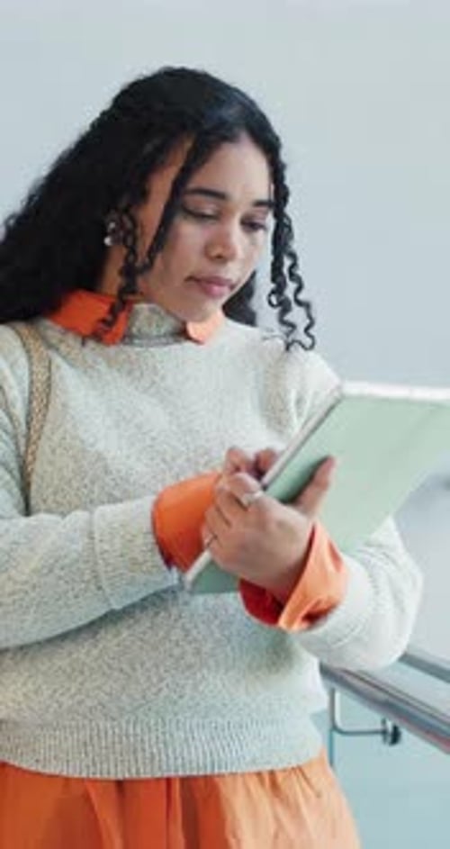 Student, studying and woman with tablet, college and research on website, knowledge and scholarship