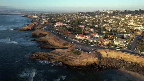 Sunset Cliffs, Neighborhood of San Diego CA USA. Aerial View of Scenic Coastline and Buildings on Go