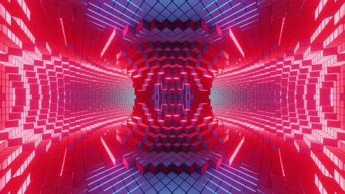 Roter abstrakter Hintergrund innerhalb des 3D-Renderings eines rotierenden Pixel-Torus-Tunnels. Nahtlos geschlungen. NFT-Konzept