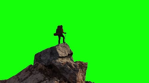 Adventure Woman Hiker Standing on Top of Mountain Peak Composite Cutout with Green Screen