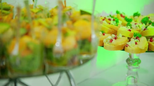 Banquet Table with Appetisers Catering in Restaurant Close Up Move Camera Shot