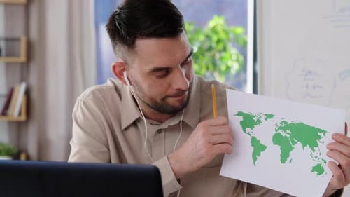 Distance Education, School and Remote Job Concept - Male Geography Teacher With