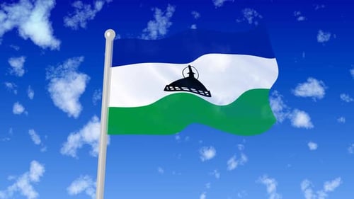 Lesotho National Flag Flying Wave In The Sky With Clouds