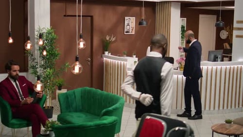 Stylish Hotel Lobby Reception Desk Interaction