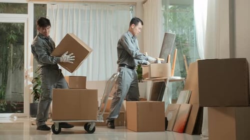 Moving Company Workers Taking Away Boxes with Cart