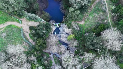 Mesmerizing Aerial View of Serene Waterfall Cascading Into Tranquil Pool Surrounded by Lush Greenery