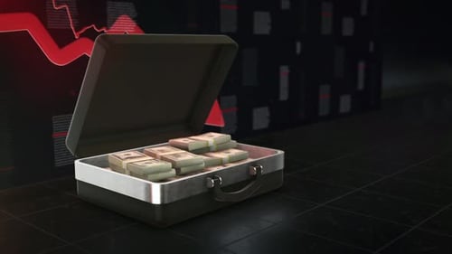 Cash Briefcase with Falling Arrow and Stock Market Background 4K